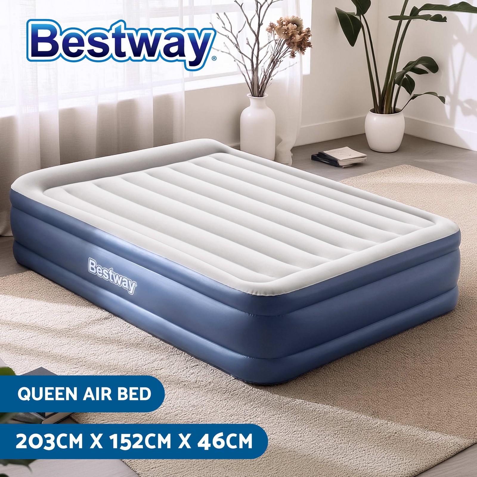 Bestway Queen Air Mattress Bed Built-in Pump Flocked Surface I-beam 295KG 240V