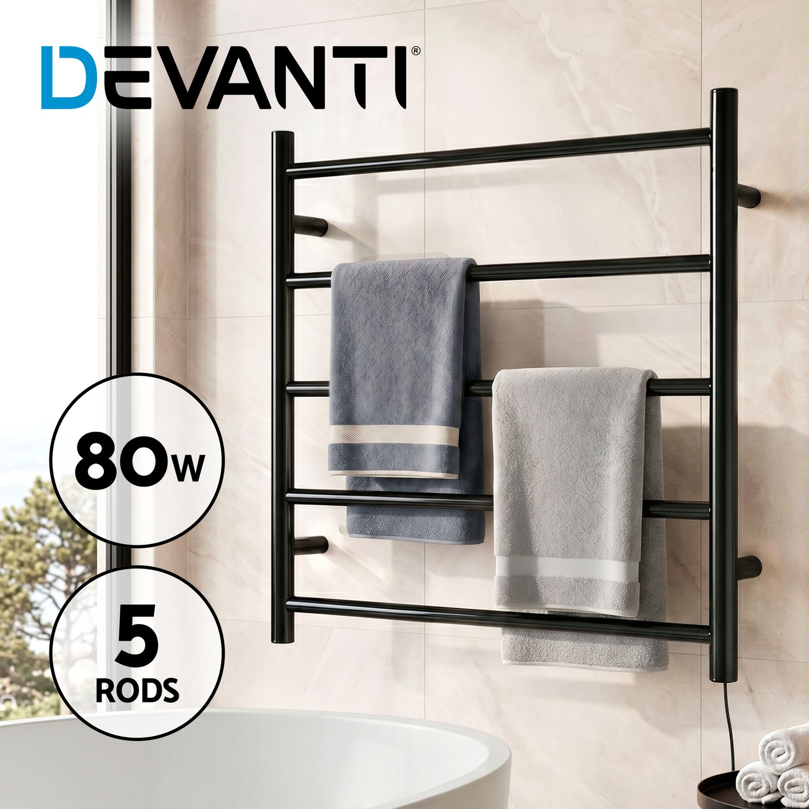 Devanti Heated Towel Rail Electric Warmer 5 bars Black Wall Mounted 80W IP22