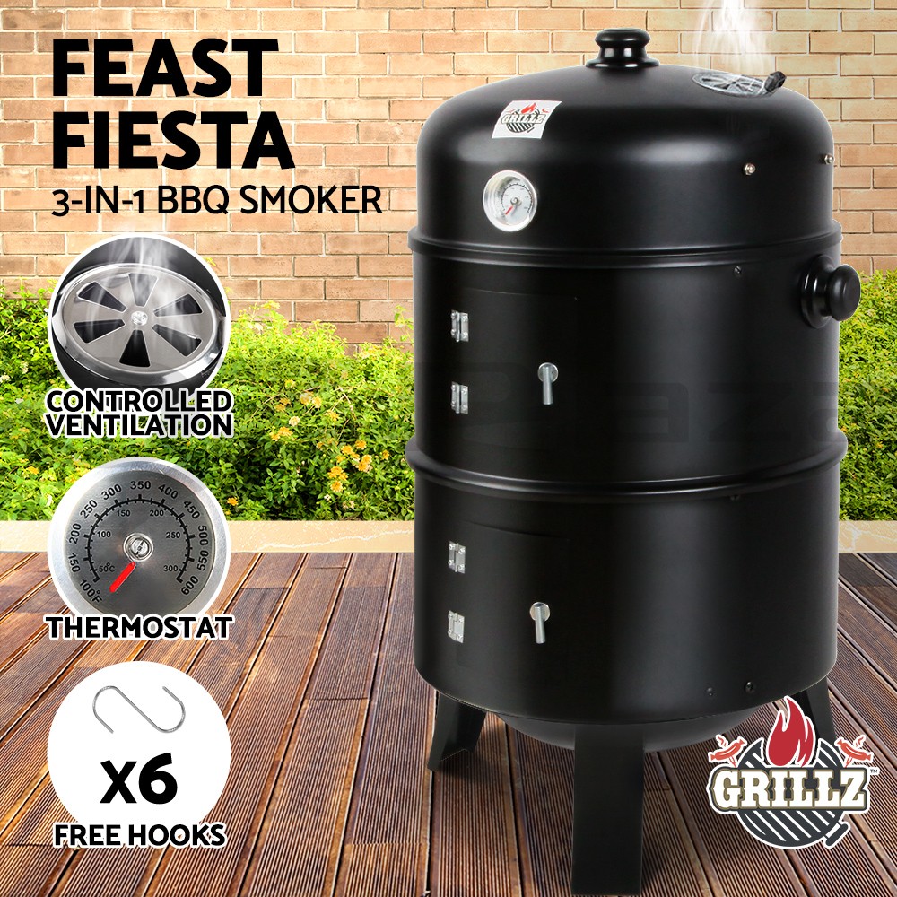 Grillz 3in1 Charcoal BBQ Grill Smoker Portable Steel 38cm Black Thermometer