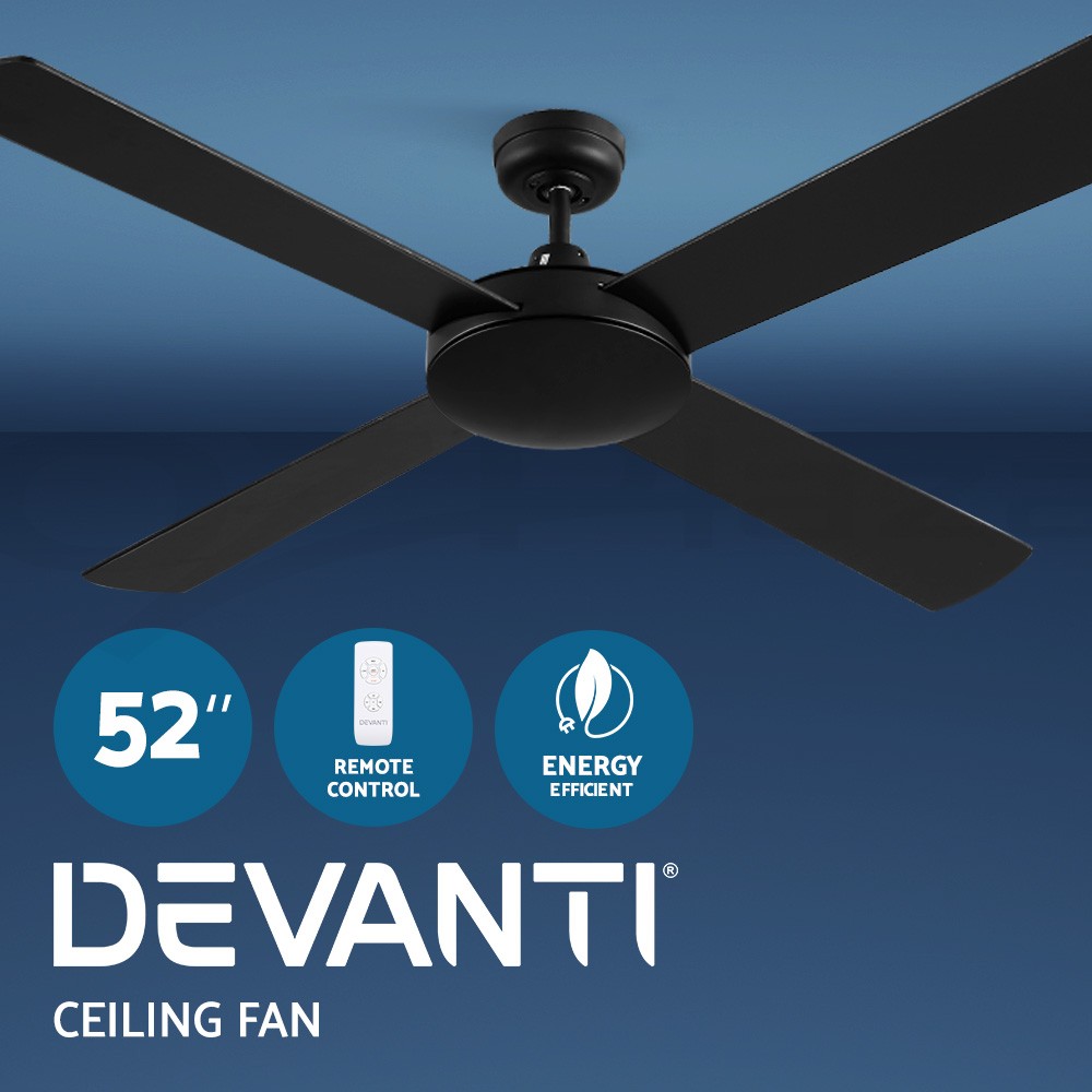 Devanti 52-inch Ceiling Fan 1300mm Black Remote Control 4 Wooden Blades Timer