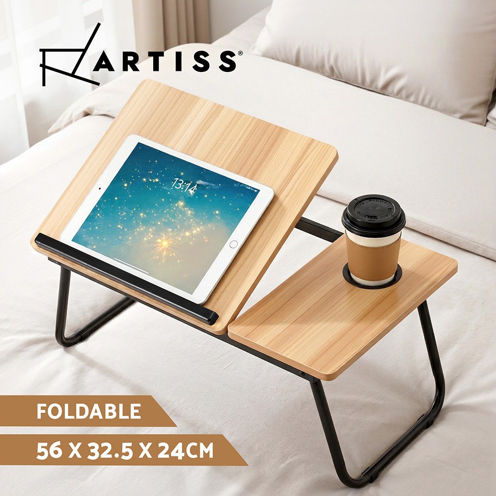 Artiss Laptop Bed Desk Table Foldable Adjustable Oak MDF Steel 56 32.5 24cm