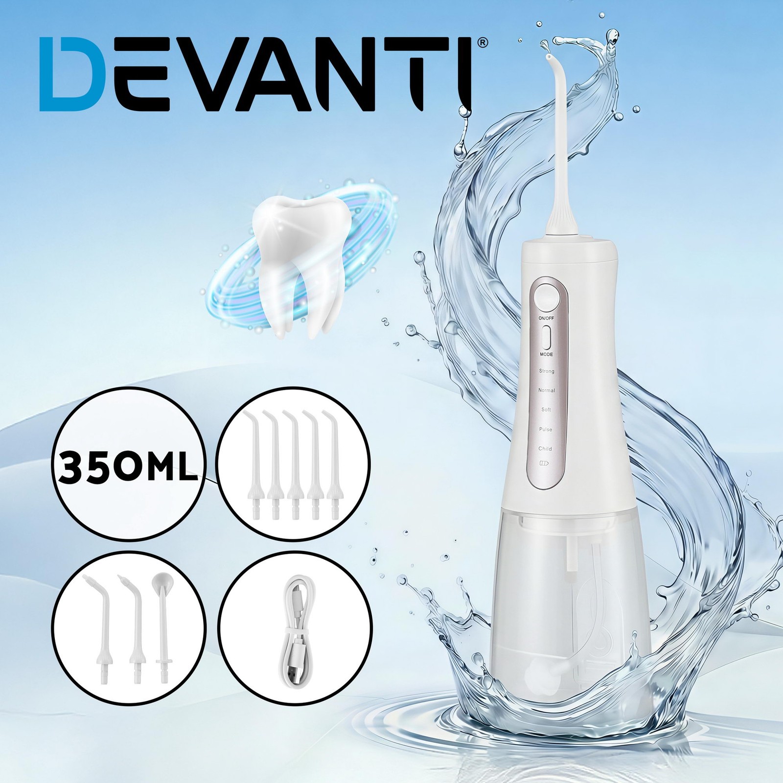 Devanti Cordless Water Flosser Oral Irrigator 350ml 5 Modes USB-C White 8 Tips