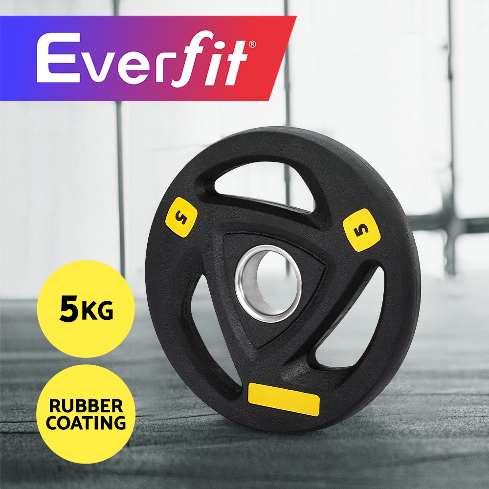 Everfit Olympic Weight Plate 5kg Cast Iron Rubber Coating Black Grip 25cm 3cm