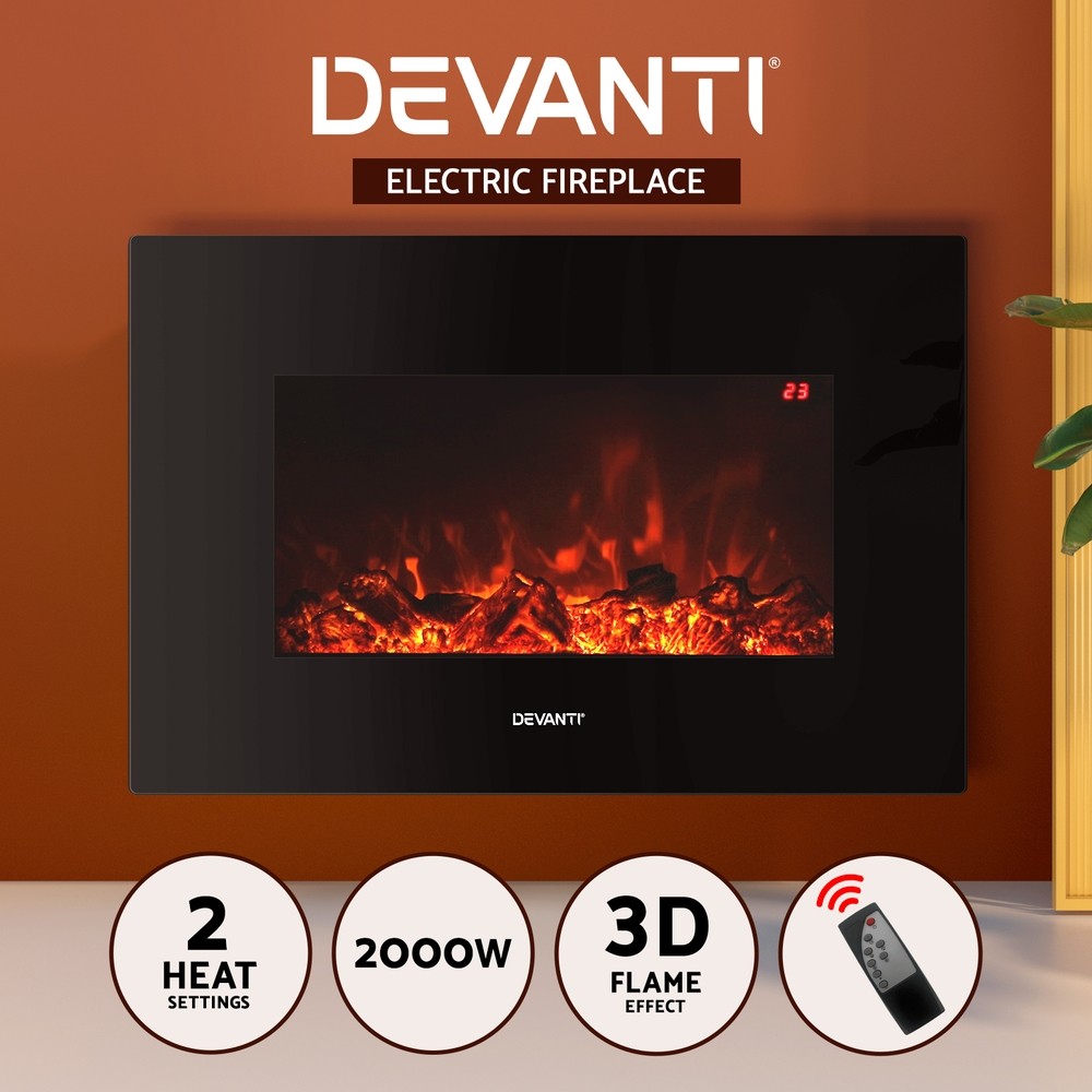 Devanti Electric Fireplace Wall Mounted 3D Flame Effect 2000W Black Glass 66cm