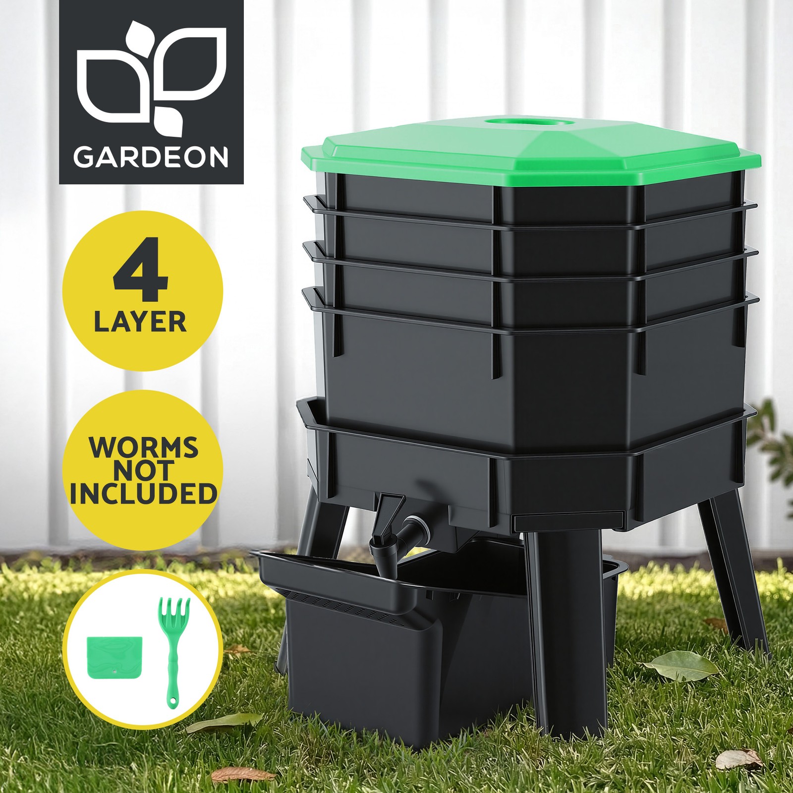 Gardeon 4-Tray Stackable Worm Farm Composter Compost Bin with Tap Black 40cm