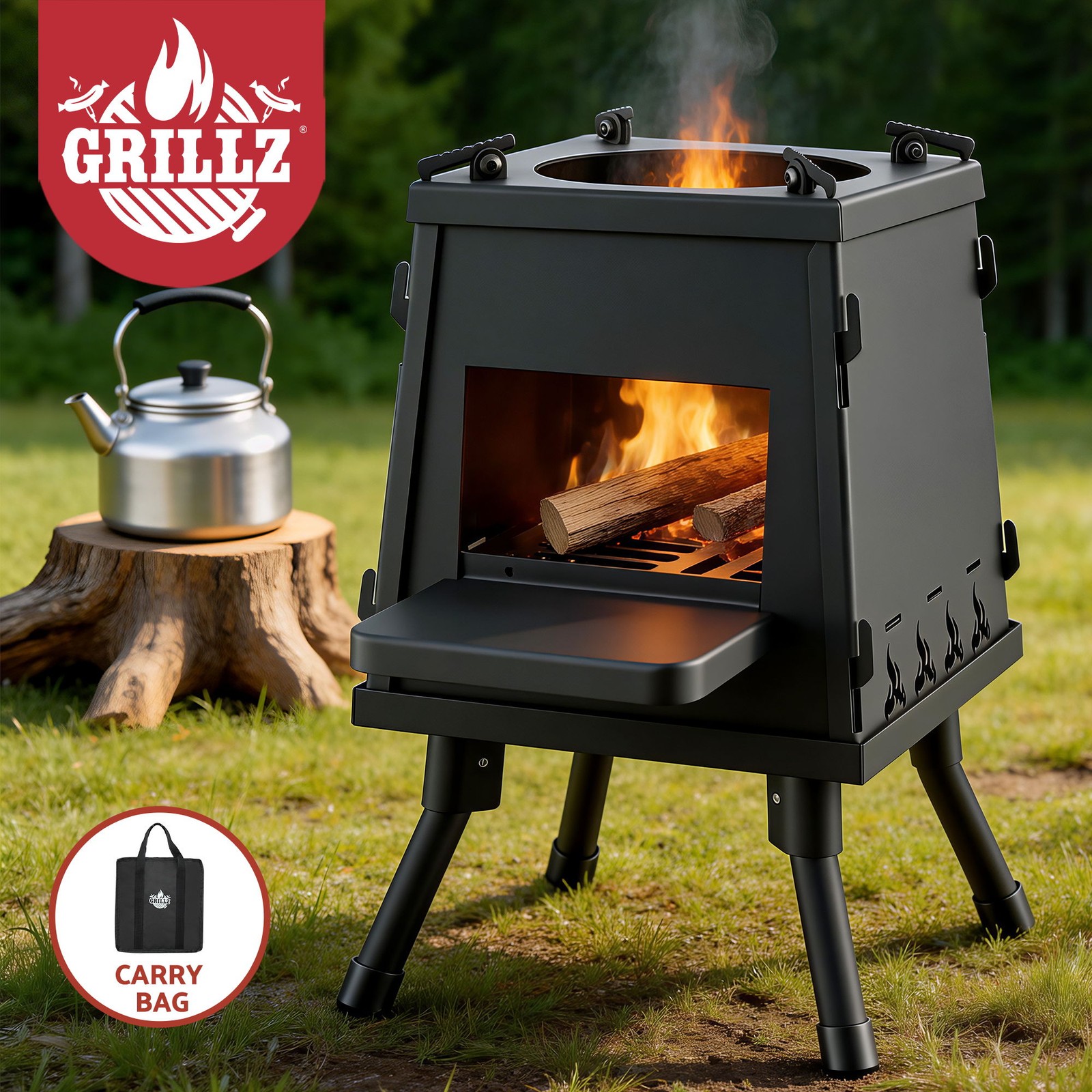 Grillz Portable Wood Burning Stove Fire Pit BBQ Camping Cast Iron 24cm Black