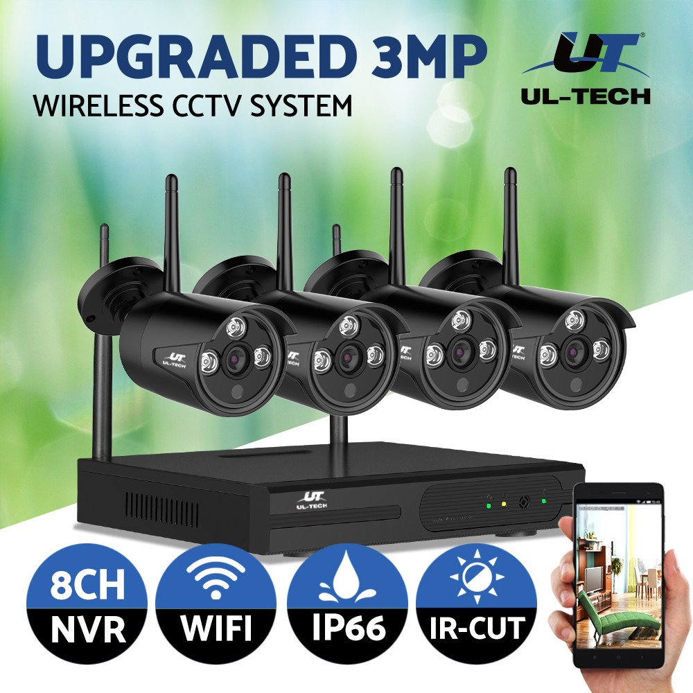 UL-Tech 3MP Full HD Wireless CCTV System 8CH NVR 4 Bullet Cameras WiFi Outdoor