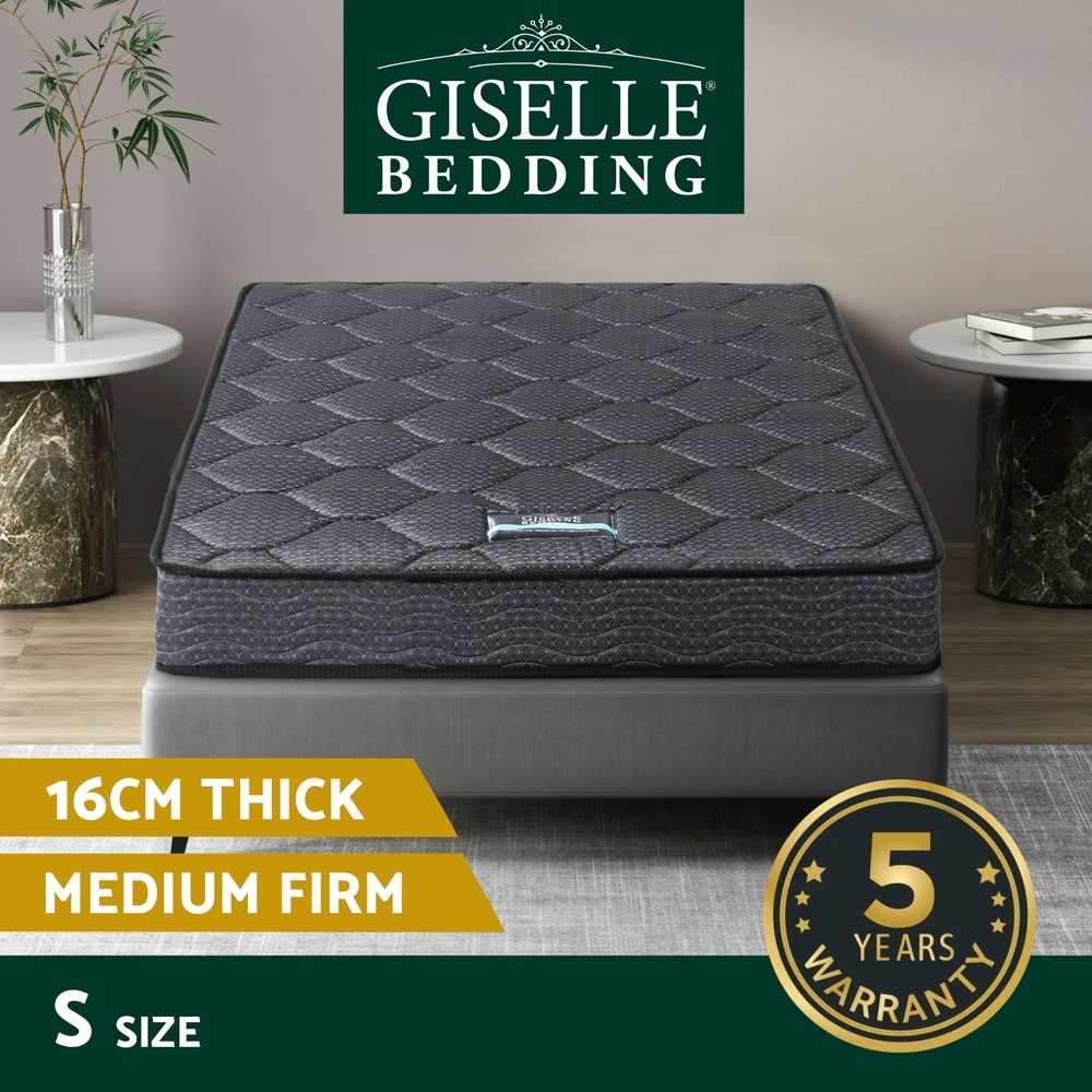 Giselle Bedding Single Mattress 16cm Bonnell Spring Medium Firm Grey 90cm 190cm