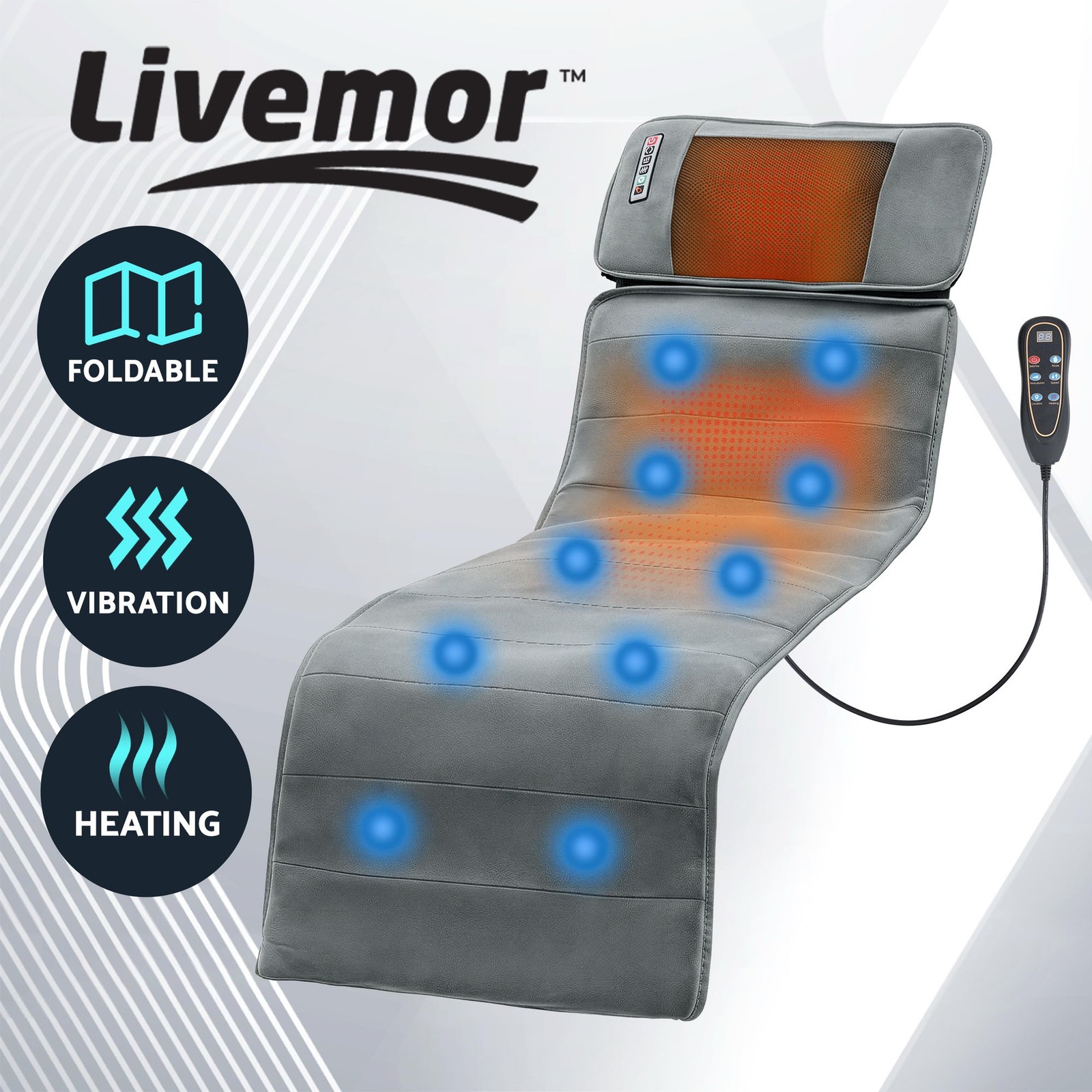 Livemor Electric Massage Mat 10-nodes Vibration Heating Grey 158cm 48cm Suede