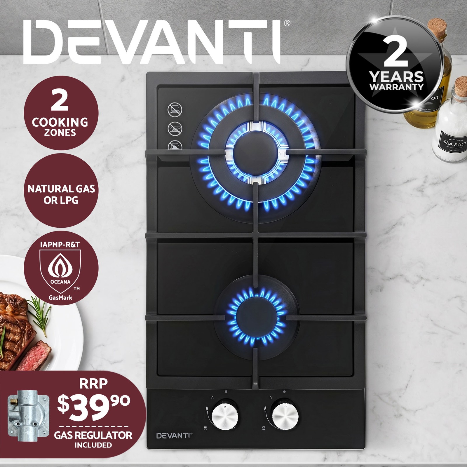 Devanti Gas Cooktop 30cm 2 Burner Built-in Black Tempered Glass NG LPG Wok 3.3kW