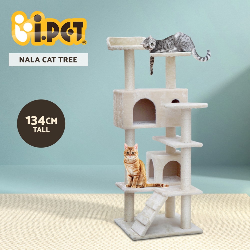i.Pet Cat Tree Tower 134cm Beige Multi-level Sisal Scratching Post Plush Bed