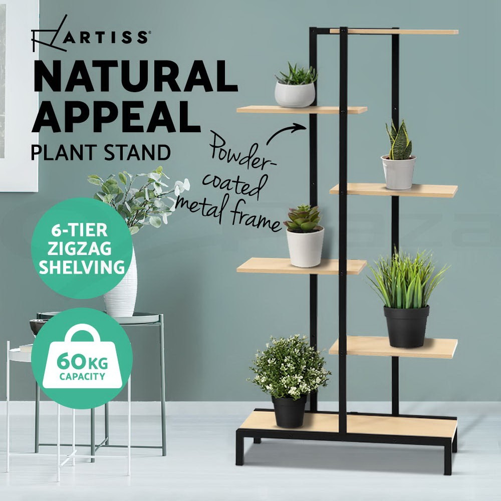 Artiss 6-tier Metal Wood Plant Stand Indoor Outdoor Garden Shelf 60cm 23cm 125cm
