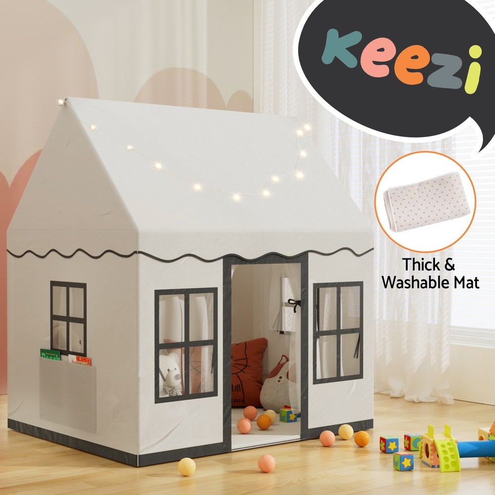 Keezi Kids Play Tent Playhouse Castle String Lights Floor Mat White Side Pocket