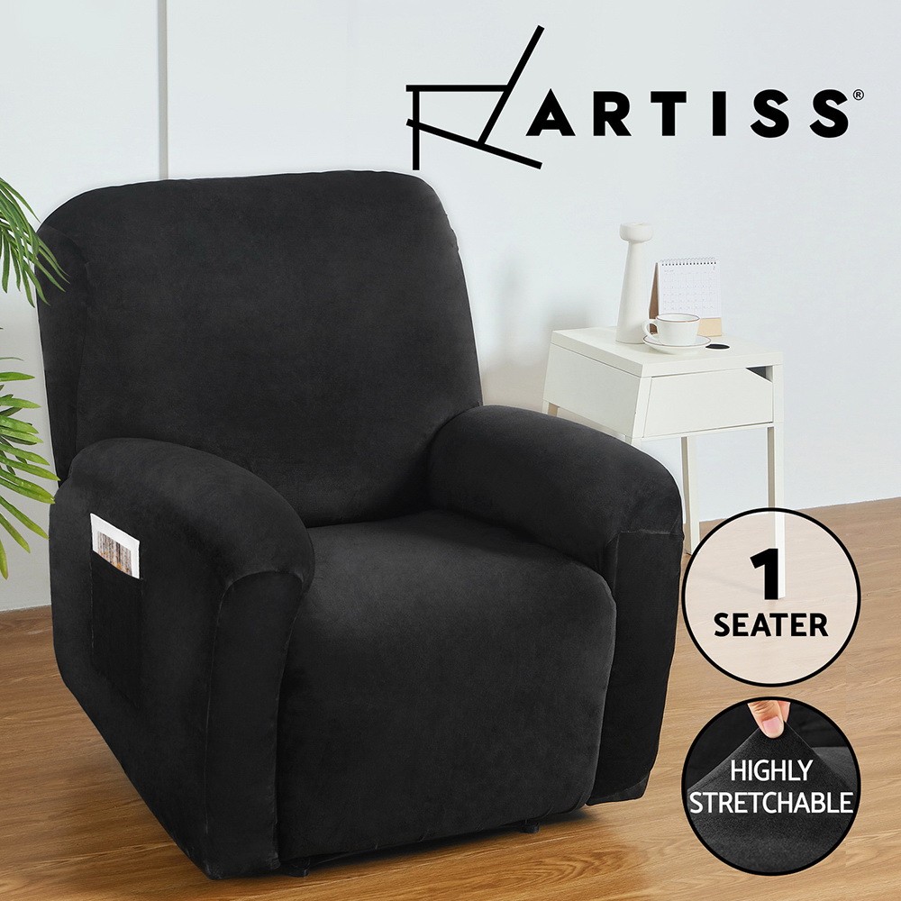 Artiss Recliner Chair Slipcover Velvet High Stretch 1 Seater Black Anti-slip