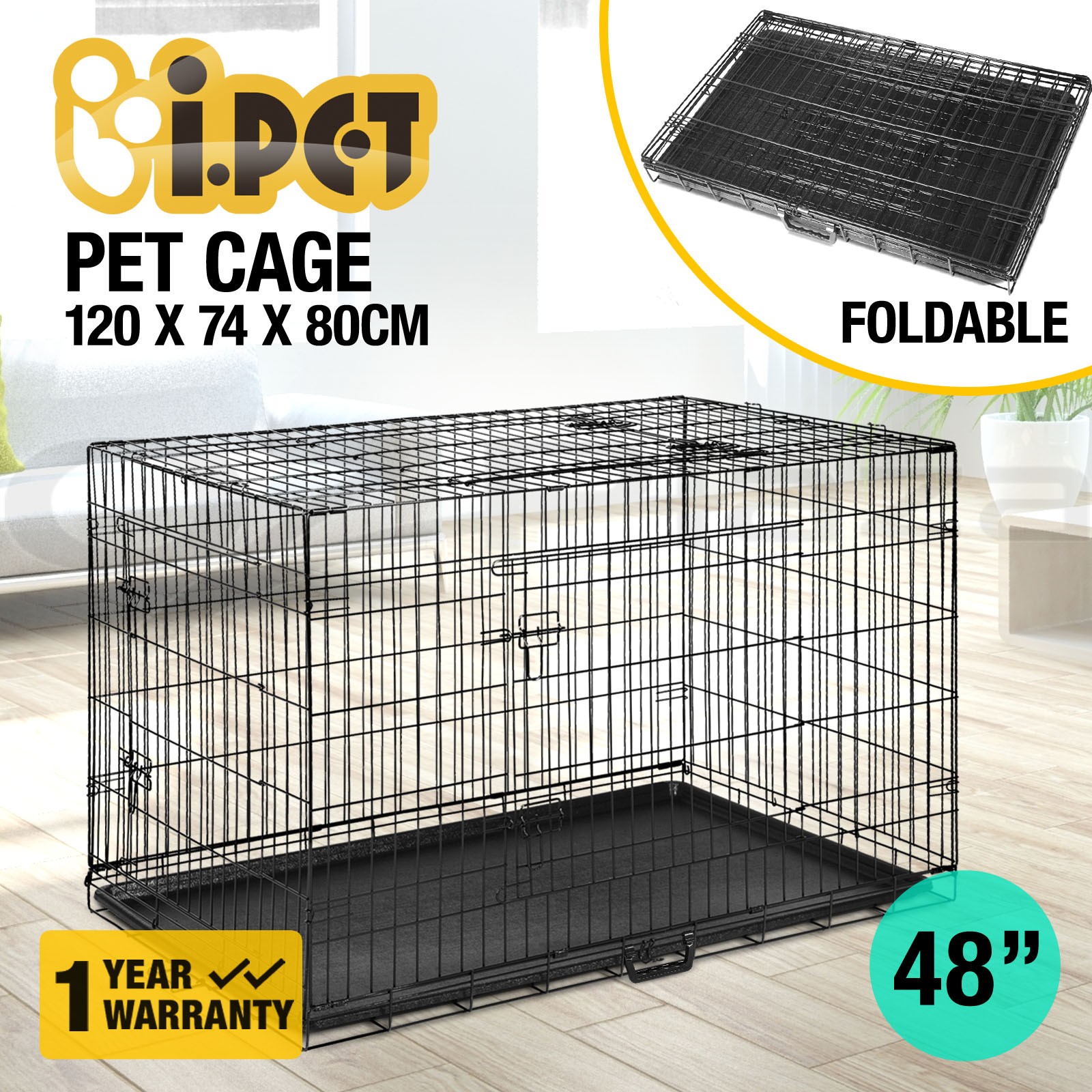 i.Pet Dog Cage Crate Large 36 Foldable Black Removable Tray 3 Locking Doors