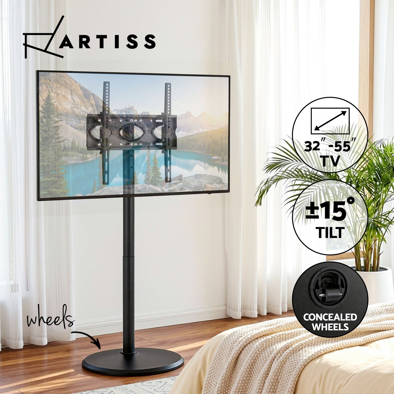 Artiss TV Stand 32-55 Mobile Floor Mount Wheels Height Tilt Adjustable Black