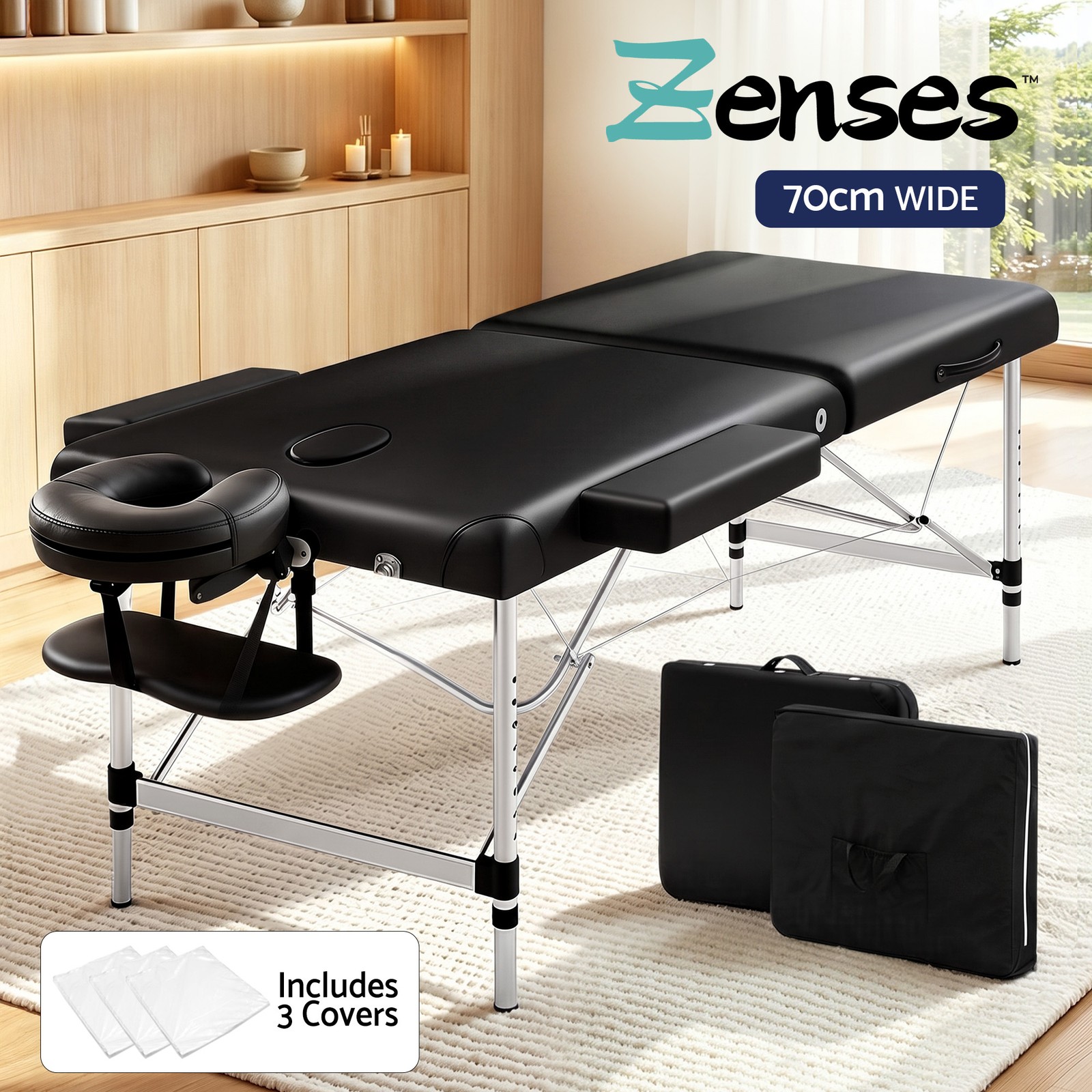 Zenses Portable Massage Table 70cm 2 Fold Aluminium PU Leather Black Headrest