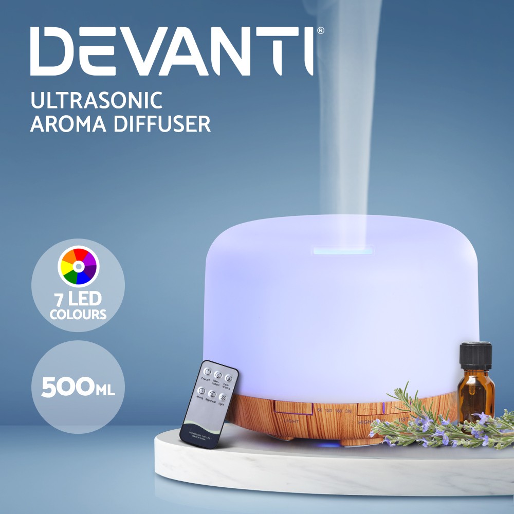Devanti Ultrasonic Aromatherapy Diffuser 500ml Humidifier 7-Colour LED Remote
