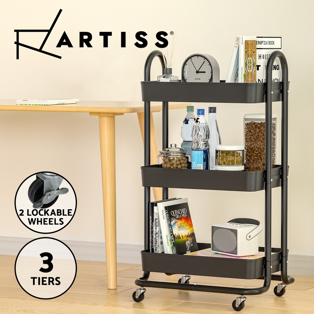 Artiss Storage Trolley 3-Tier Kitchen Cart Steel Frame Black Four Wheels Hooks