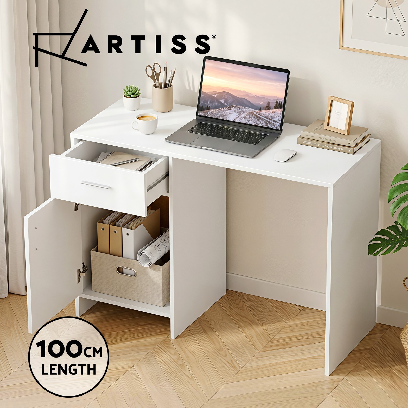 Artiss Jerry Computer Desk Drawer Cabinet White 100cm Home Office Study Wood
