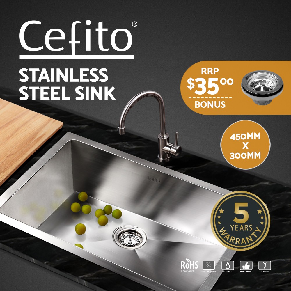 Cefito Kitchen Sink 304 Stainless Steel 45X30CM Single Bowl Drop-in Waste Silver