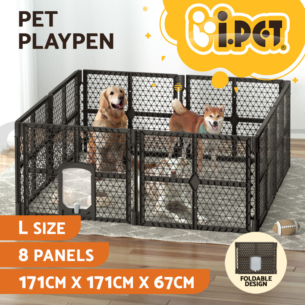 i.Pet Dog Playpen Cage 8 Panel Foldable PP Plastic Fence Brown Lockable Gate