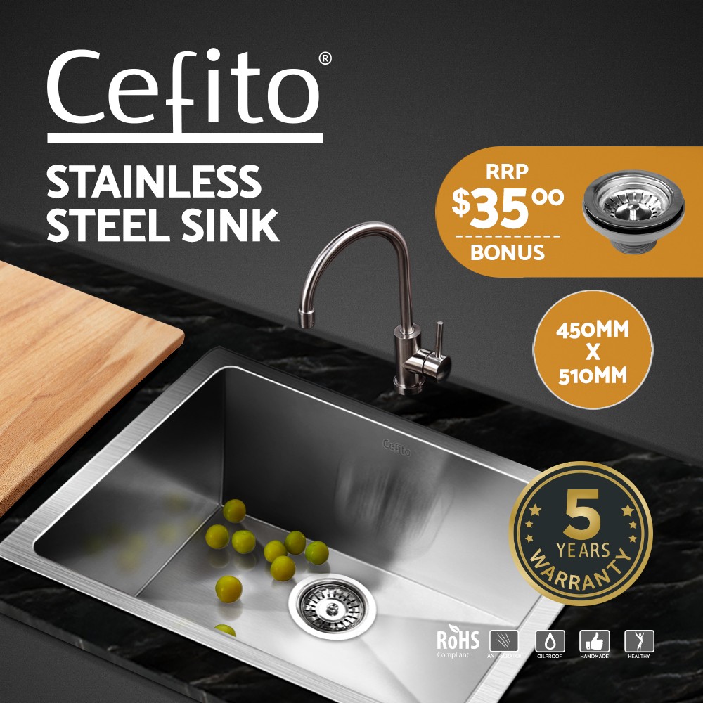 Cefito Kitchen Sink 304 Stainless Steel 510mm x 450mm Handmade R10 Bowl Silver