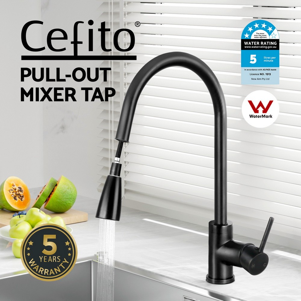 Cefito Pull-out Kitchen Mixer Tap Black WELS 5-star 35mm Ceramic Cartridge 360