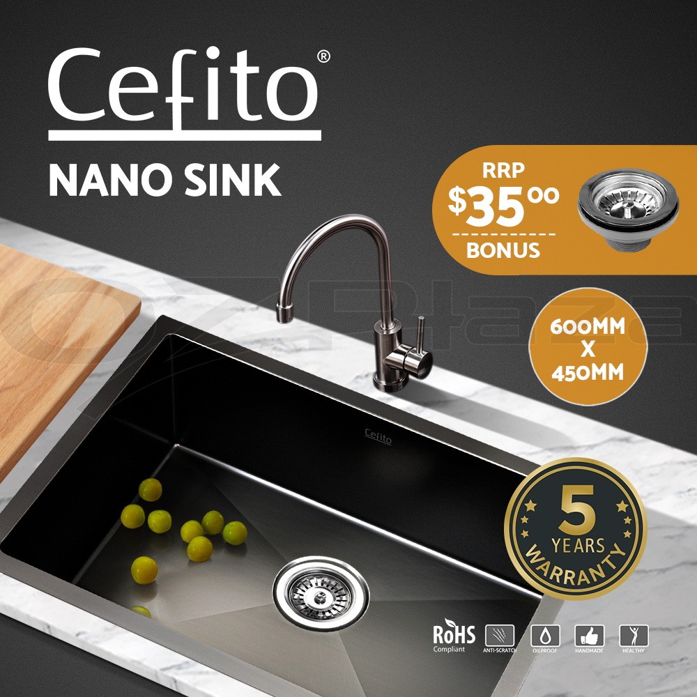 Cefito 304 Stainless Steel Kitchen Sink 600x450mm Black Single Bowl R10 Modern