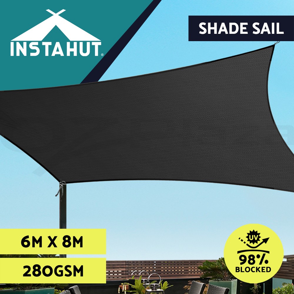 Instahut Shade Sail Rectangle 6x8m Black 280gsm Heavy Duty Outdoor Canopy UV