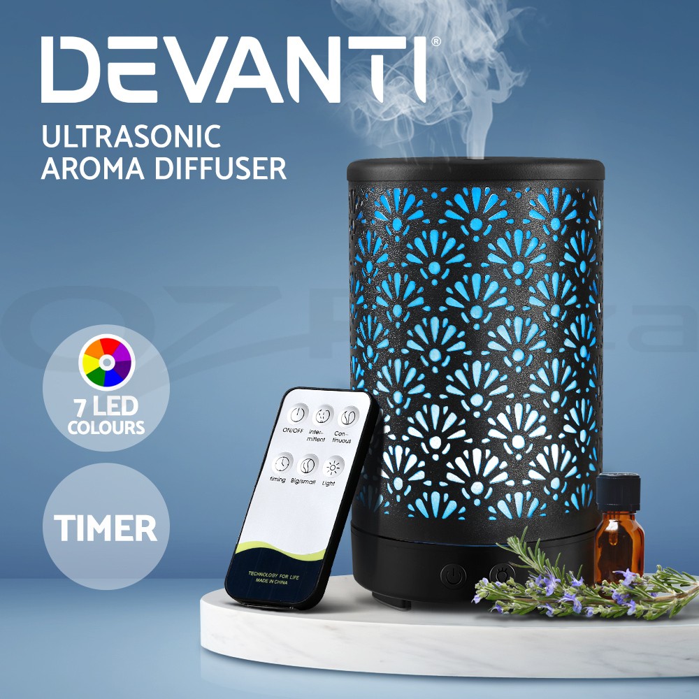 Devanti Ultrasonic Aroma Diffuser 100ml Metal Cover Black Cool Mist 7-colour LED