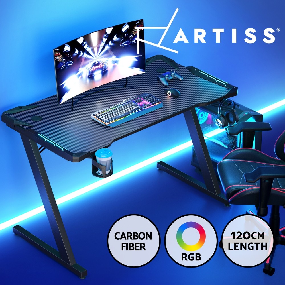Artiss Gaming Desk RGB LED Light 120CM Black Melamine 90KG Steel Z-shaped Legs