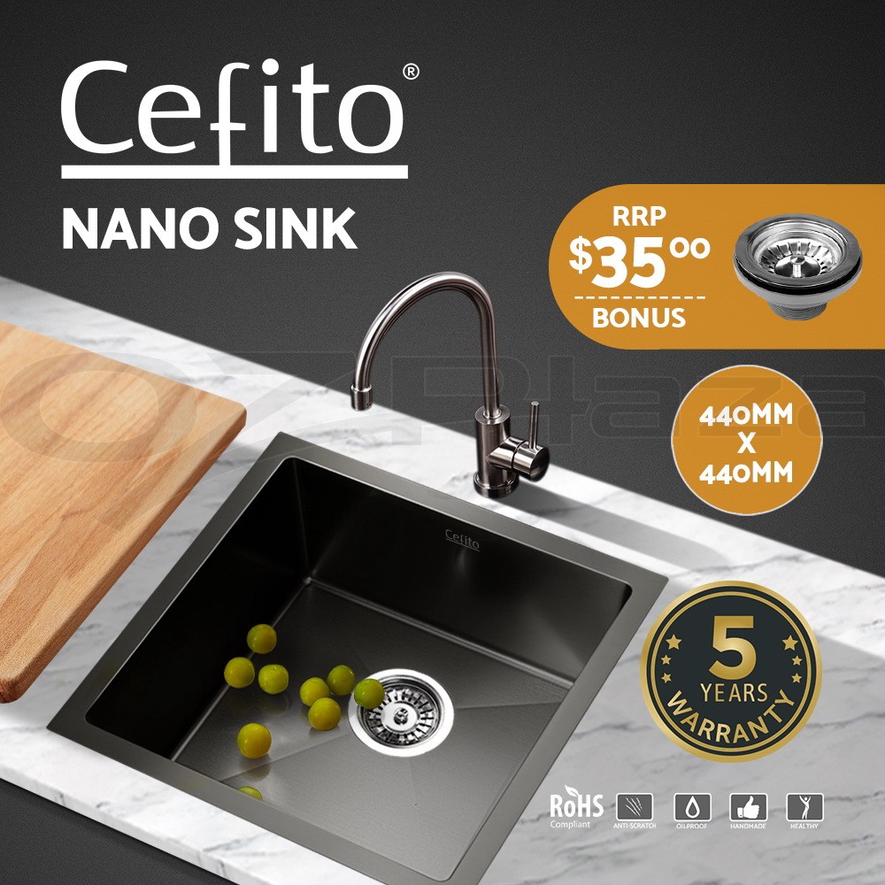 Cefito 44X44CM Kitchen Sink 304 Stainless Steel Black Square Basin Single Bowl