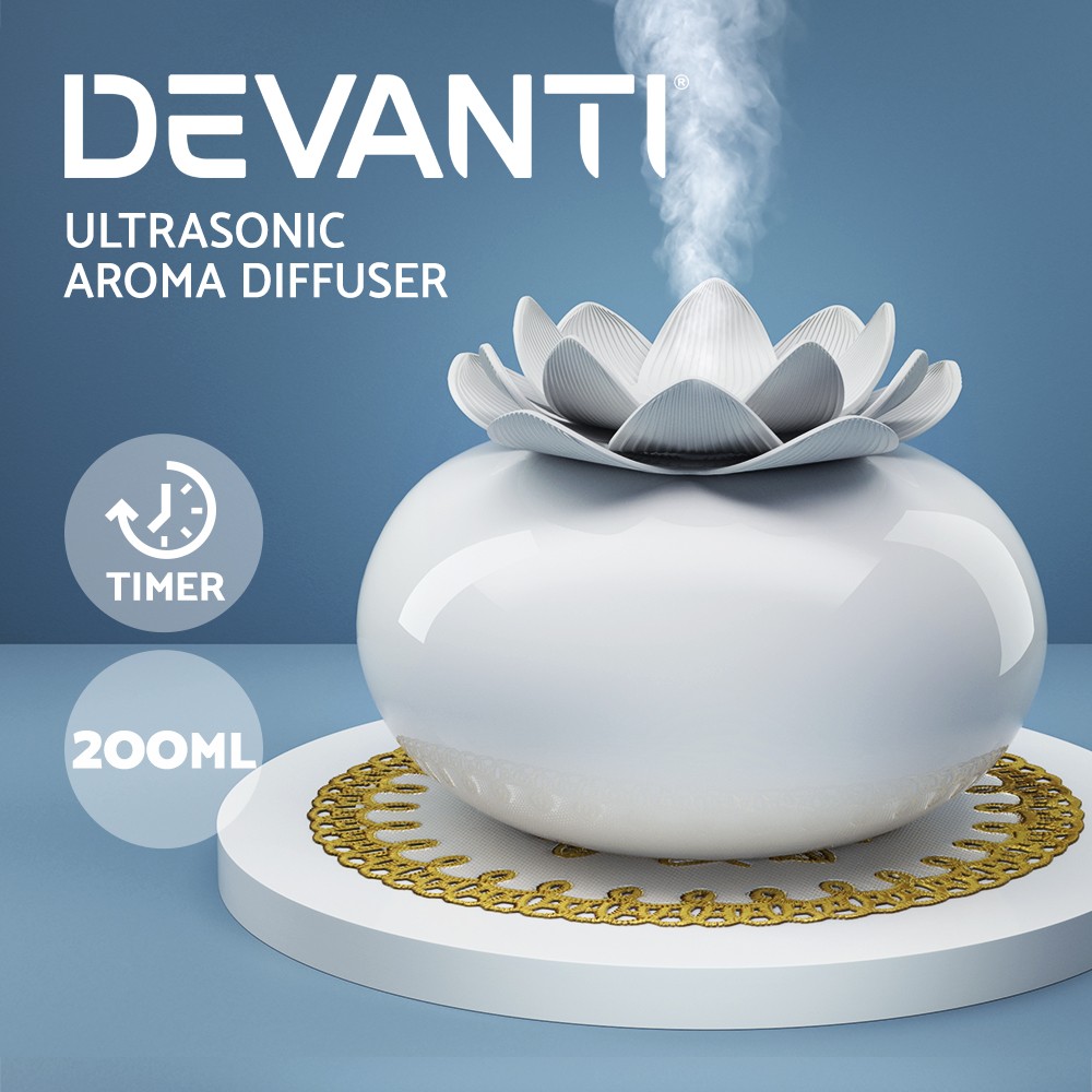 Devanti Ultrasonic Aroma Diffuser Ceramic Lotus 200ml Humidifier Purifier White