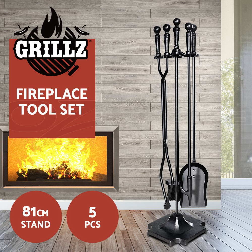 Grillz Fireplace Tool Poker Shovel Brush Clipper Stand Cast Iron Firepit Black