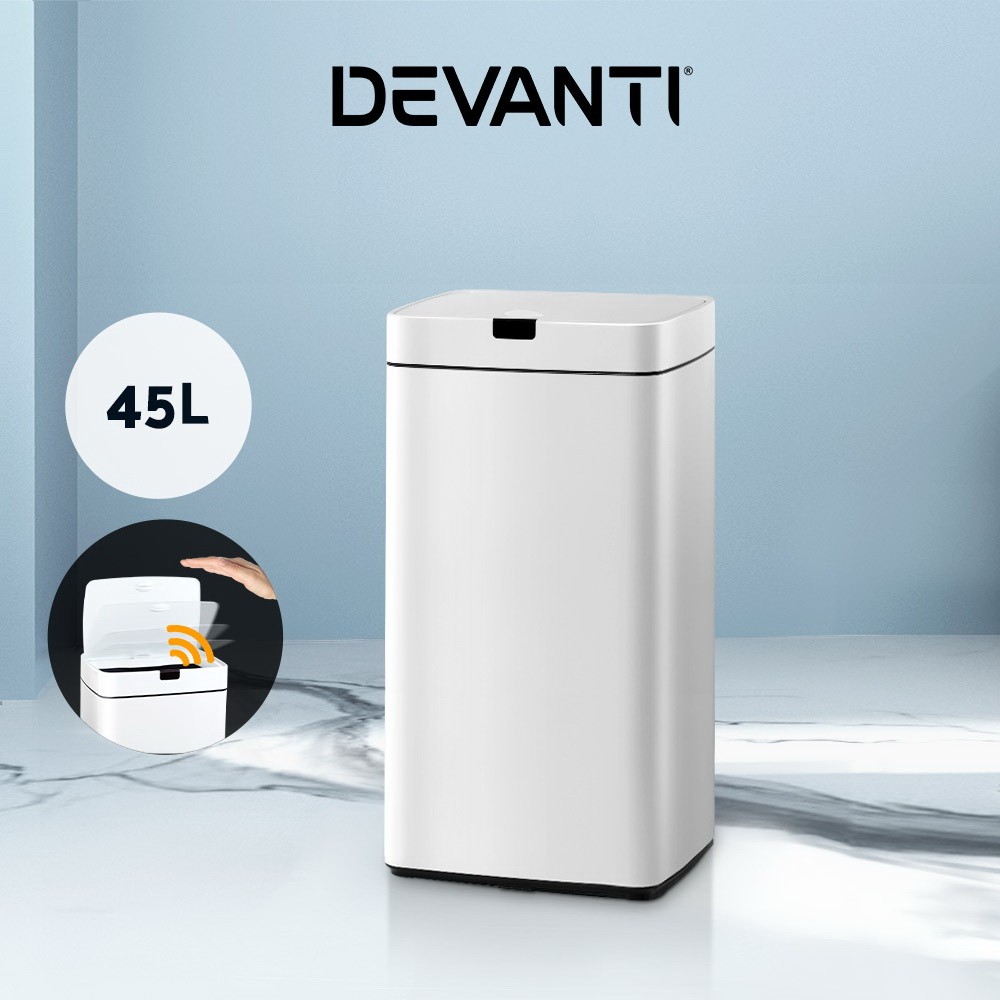 Devanti 45L Motion Sensor Automatic Rubbish Trash Steel White Soft Hands-free