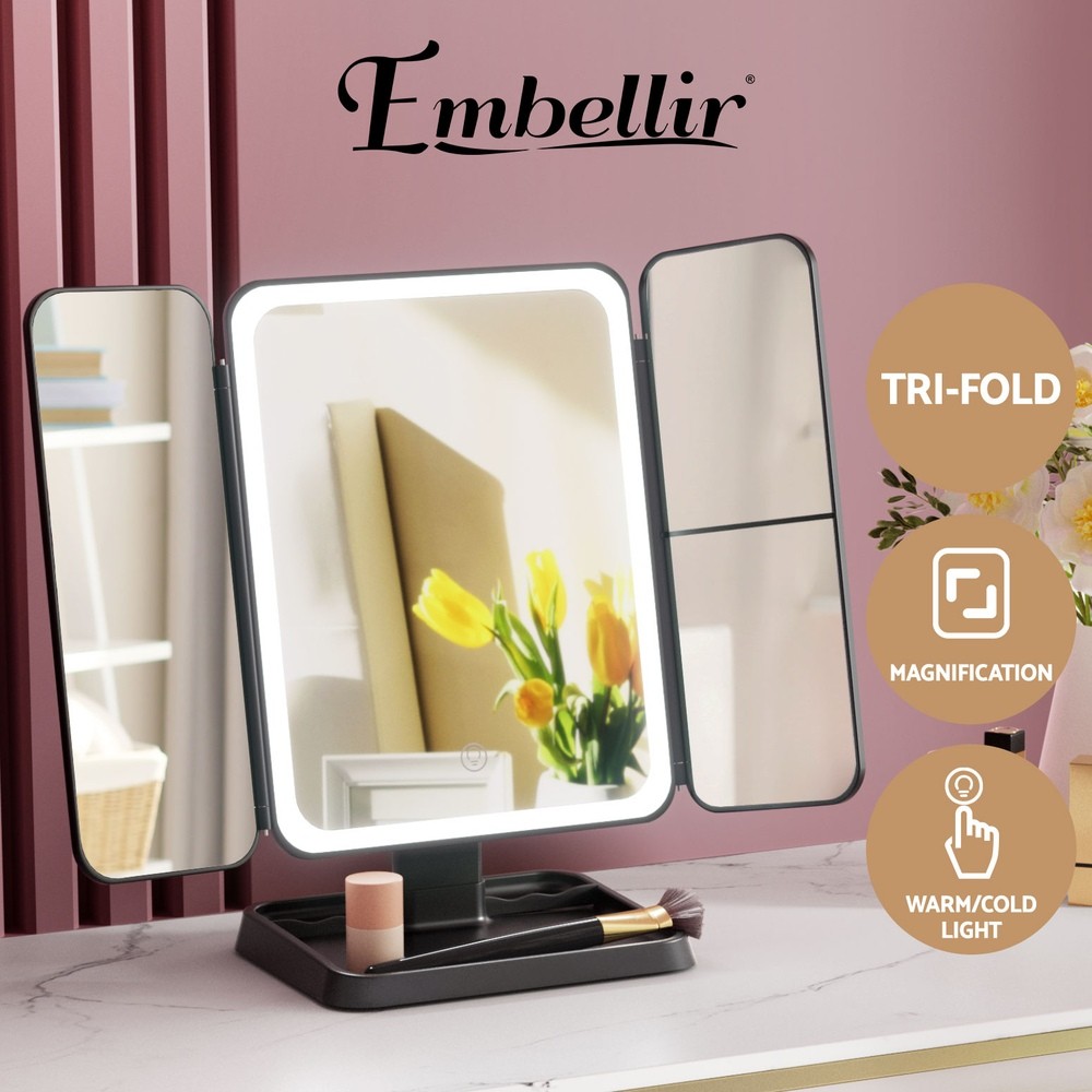Embellir LED Makeup Mirror Tri-fold Lighted Vanity 1X2X3X Magnifications Black