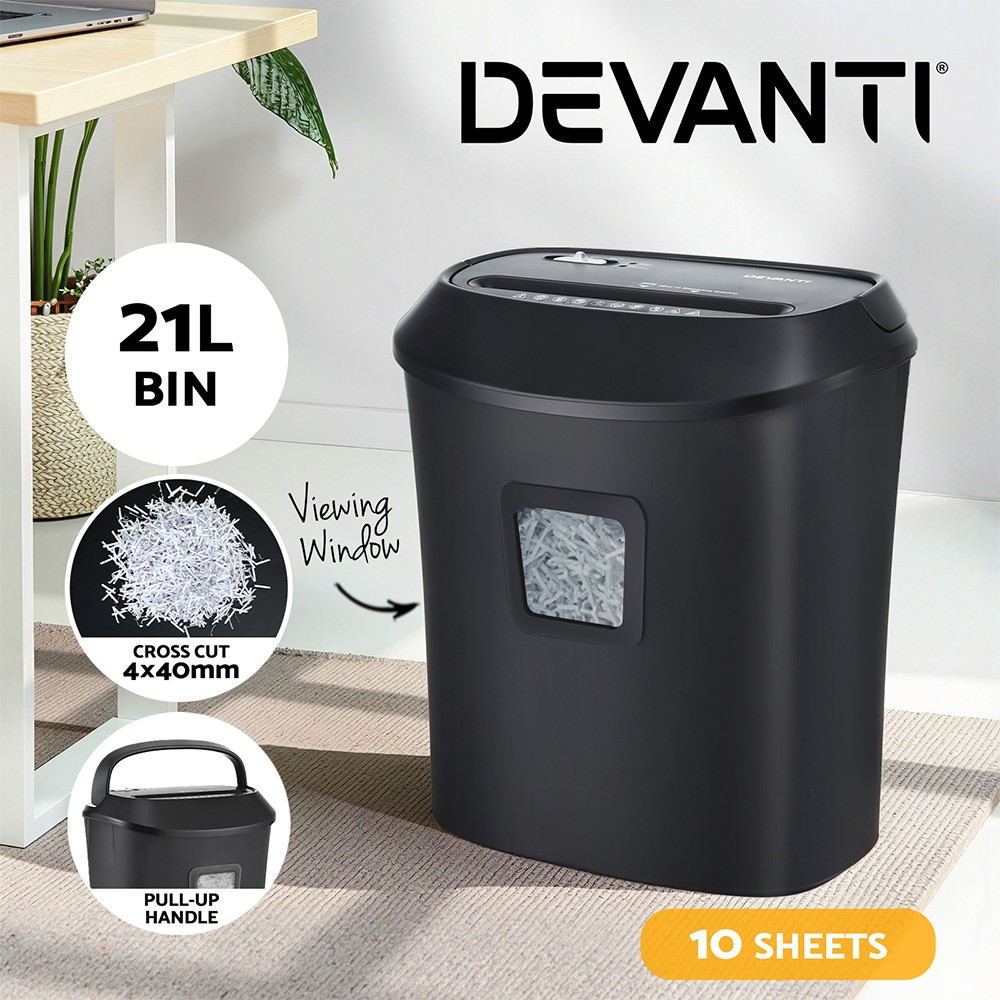 Devanti 21L Cross-Cut Paper Shredder 10-Sheet Credit Card CD/DVD Black Home