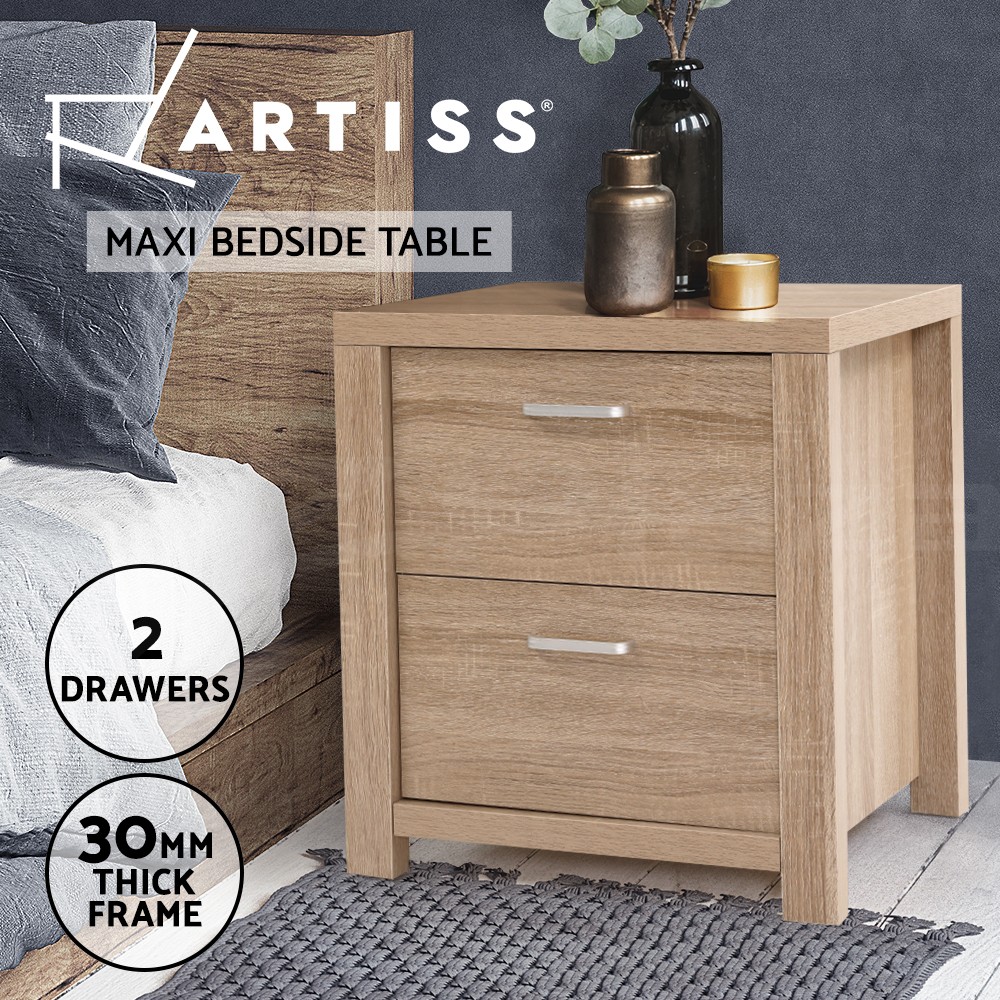 Artiss MAXI Bedside Table 2 Drawers Pine Woodgrain Storage Cabinet 48cm 39cm