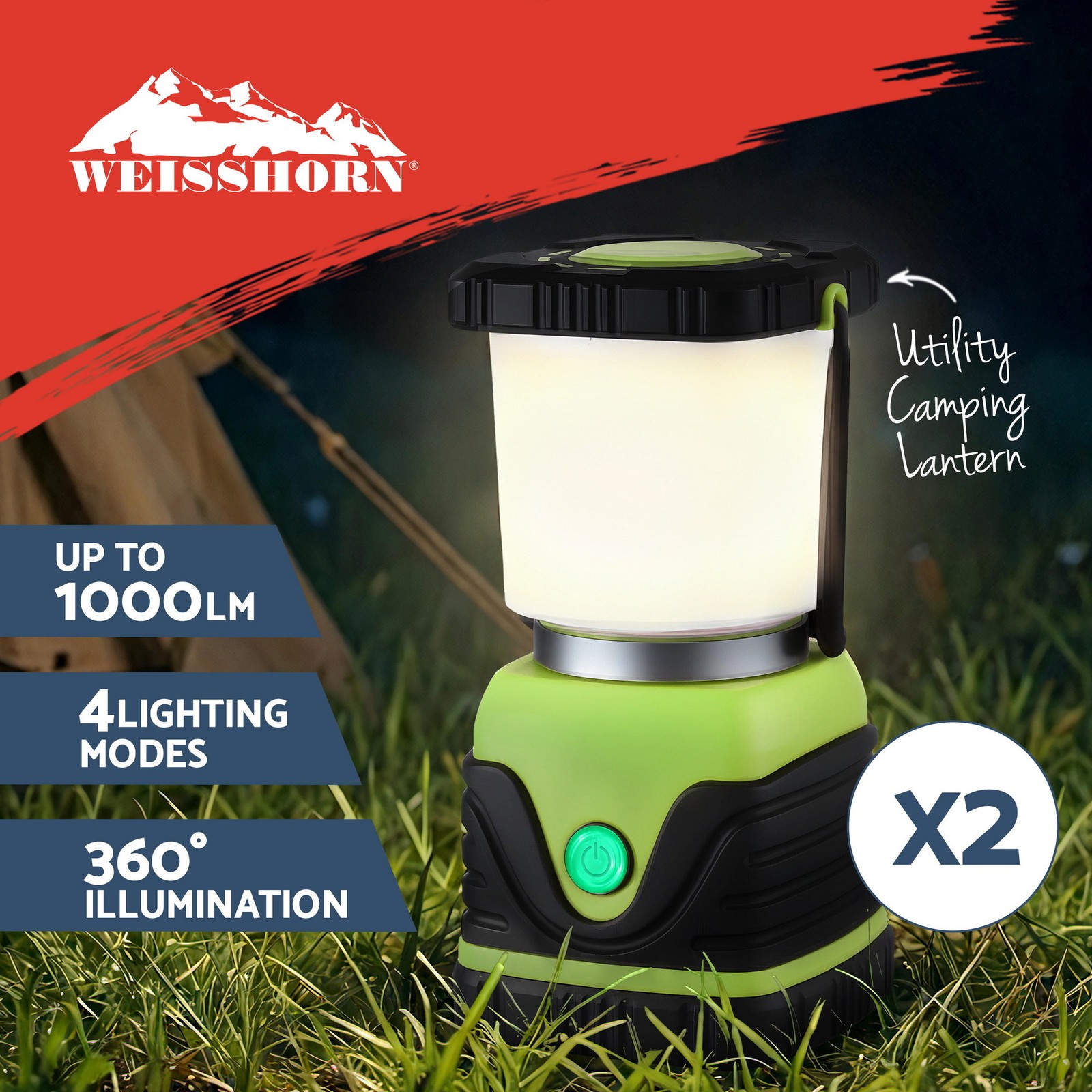 Weisshorn LED Camping Lantern 2-Pack 1000LM IP44 Waterproof Stepless Dimming