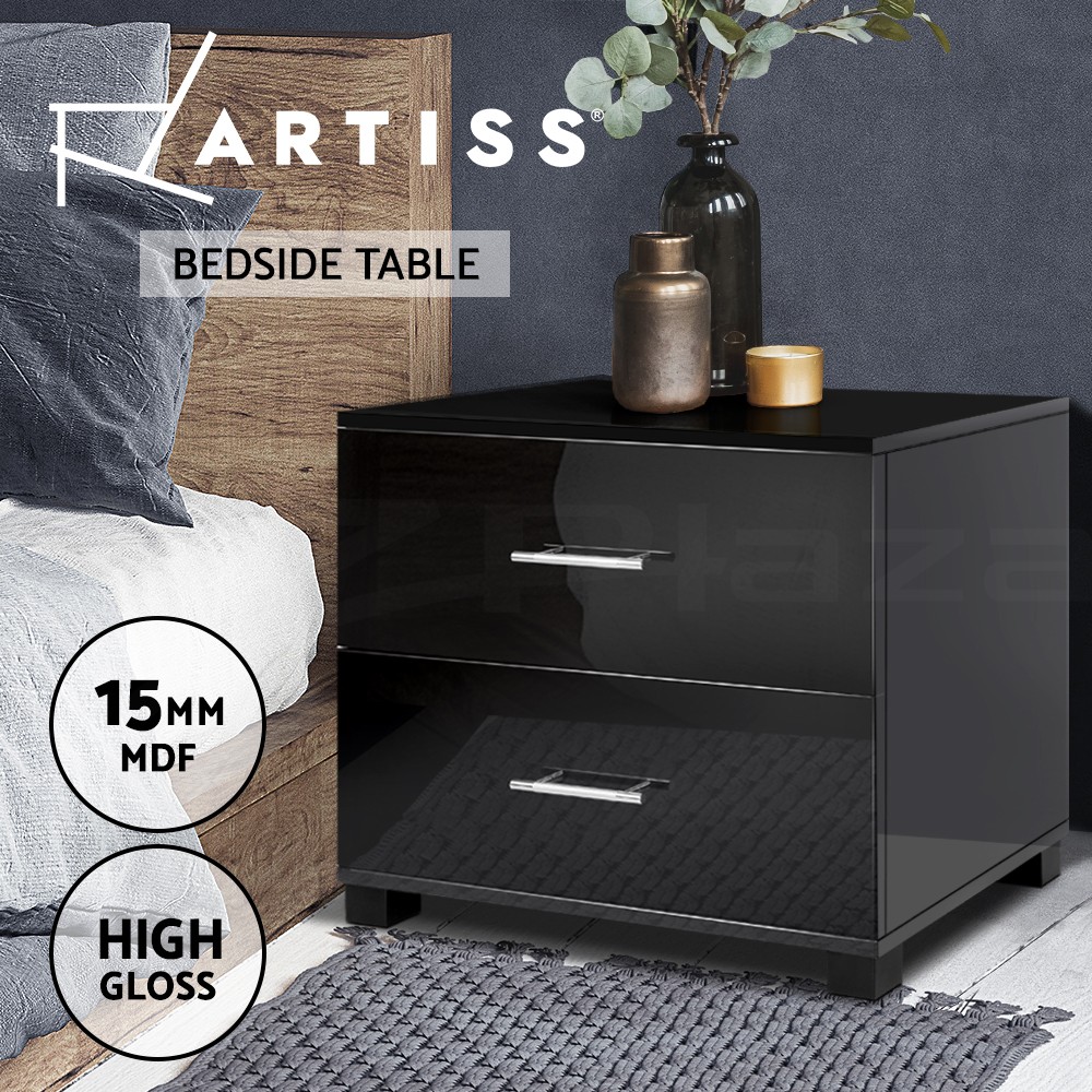 Artiss Edison Bedside Table 2 Drawers Modern Gloss Black/White 59cm 40cm 51cm