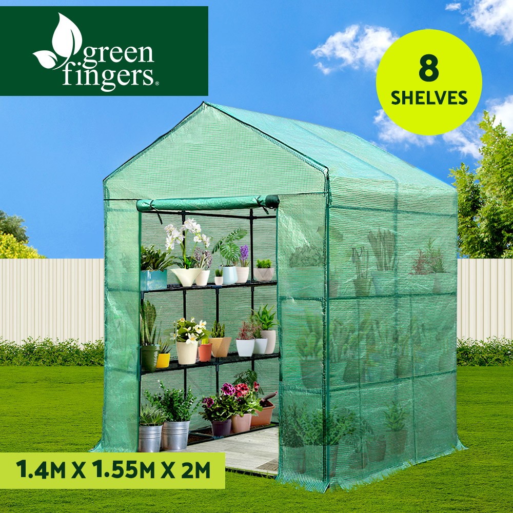 Green Fingers Greenhouse Walk in 8 Shelves Roll-up Door PE Cover 1.4MX1.55MX2M