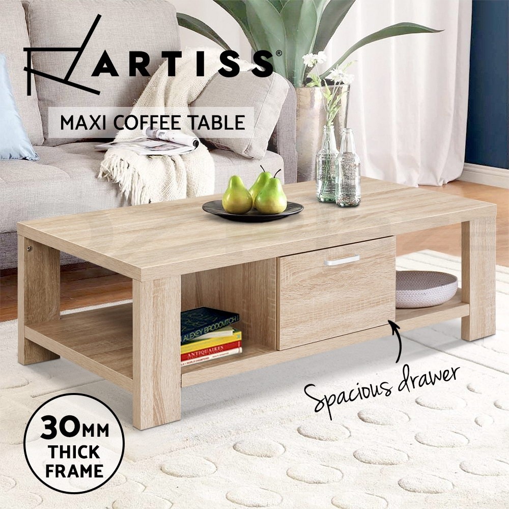 Artiss Maxi Coffee Table Storage Drawer Open Shelves Natural Woodgrain Oak 90cm