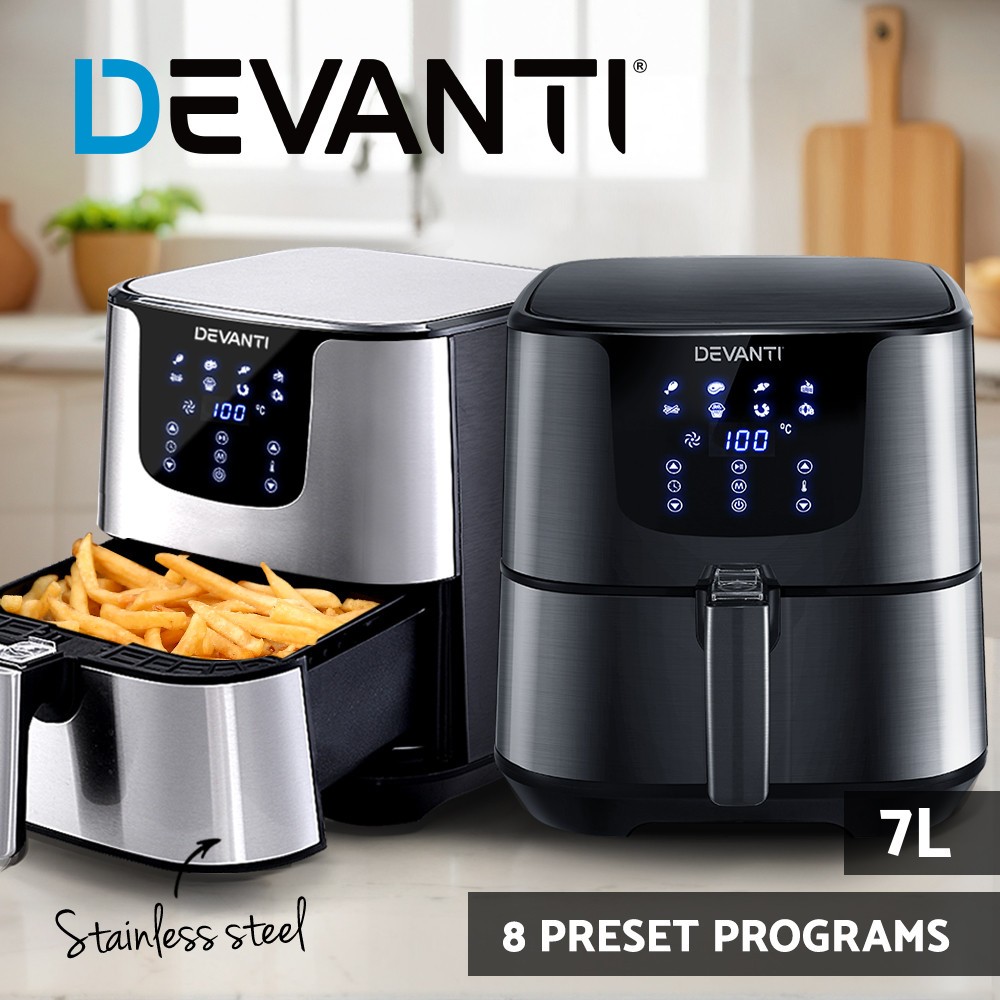 Devanti Air Fryer 7L LCD 1700W Electric Oil Free 8 Preset Programs Black