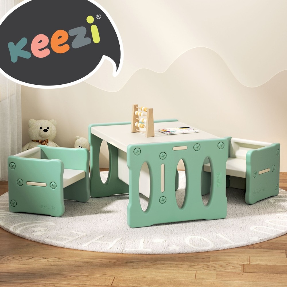 Keezi Kids Table and Chairs Set 3 Piece HDPE Green Activity Desk Light Portable