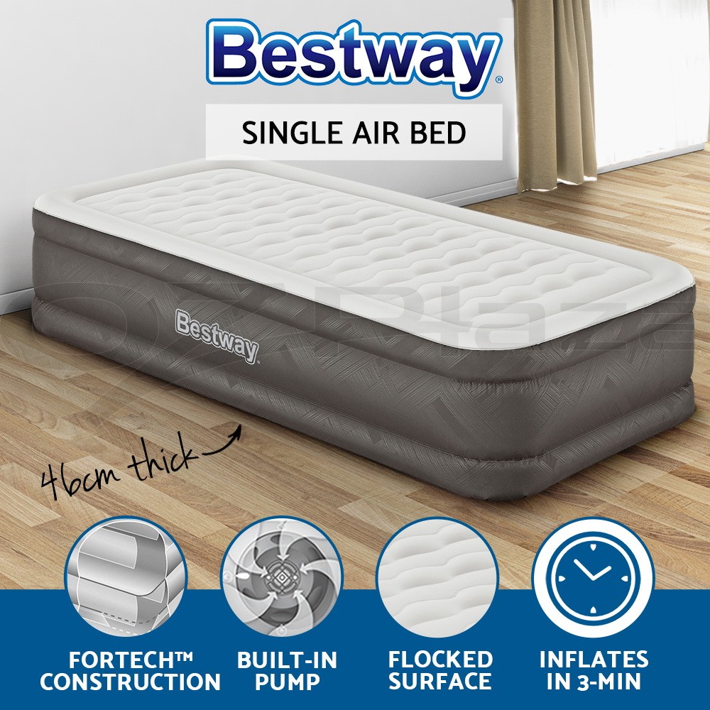 Bestway Fortech Single Air Bed Built-in Pump Flocked Grey 191 cm 97 cm 46 cm