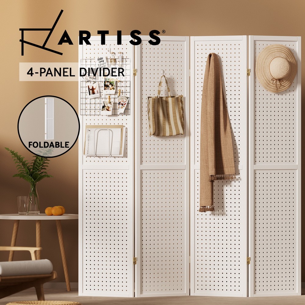 Artiss 4 Panel Pine Room Divider Pegboard Privacy Screen Foldable White 170cm