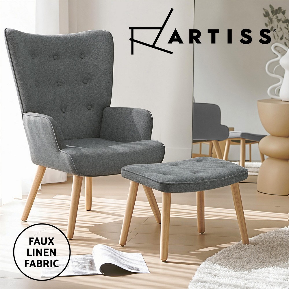 Artiss Lansar Armchair Ottoman Set Grey Scandinavian Faux Linen Tufted Foam Seat