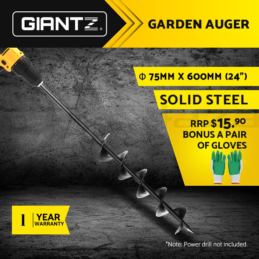 Giantz Power Auger Spiral Digger 75x600mm Steel Drill Black Outdoor 10mm Chuck