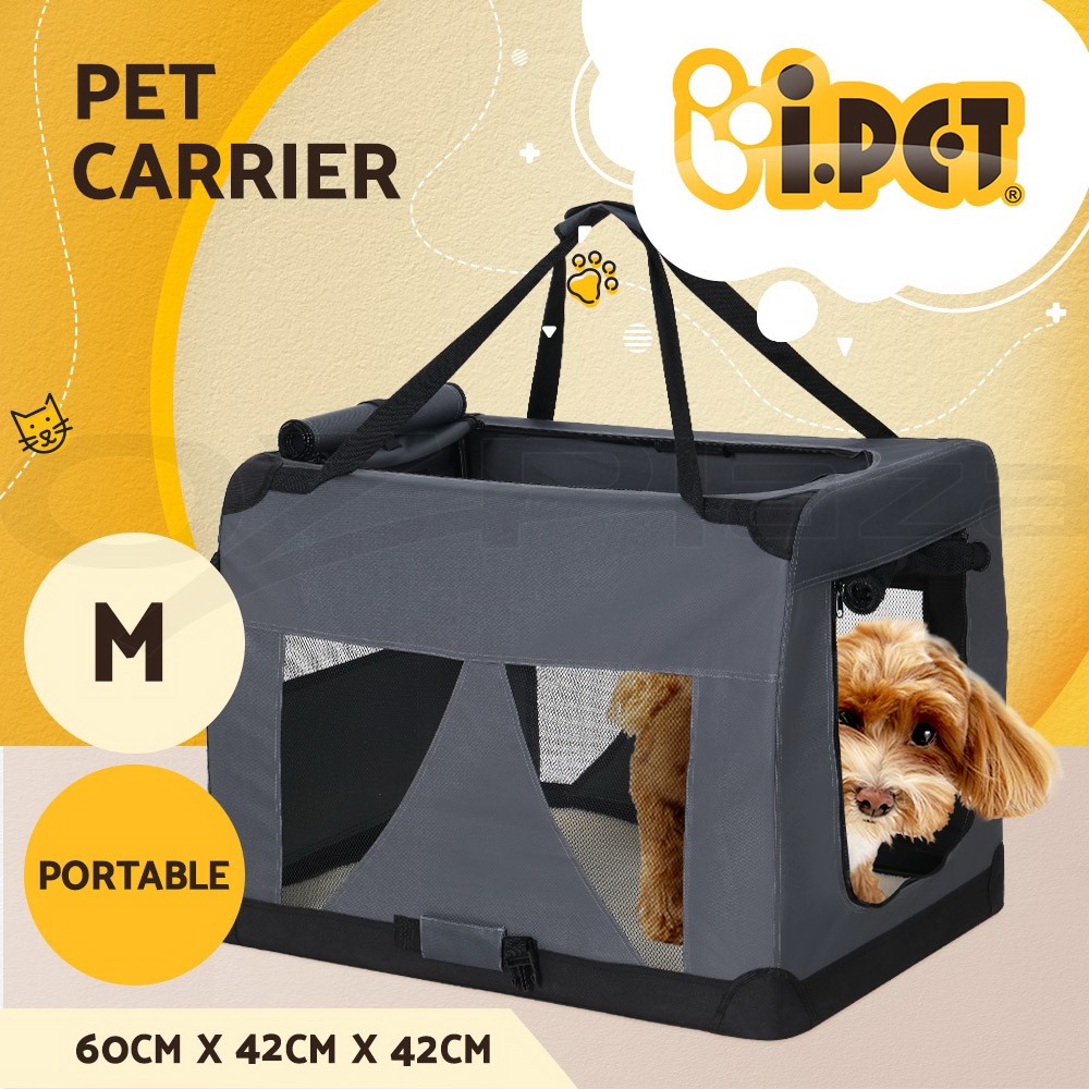 i.Pet Soft-Sided Dog Cat Carrier Foldable Portable Grey Mesh 60cm 42cm 42cm